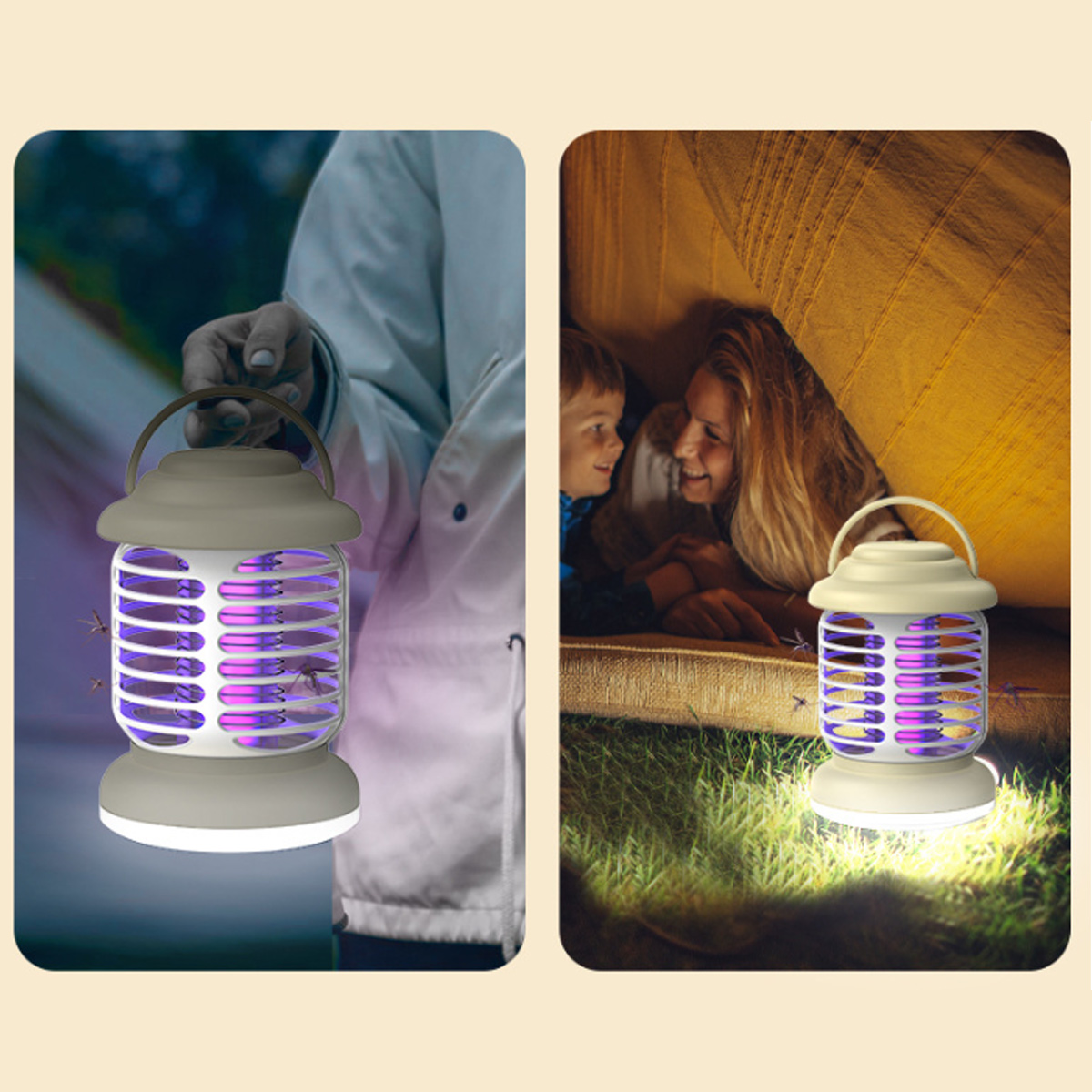 Eine Lampen-Mückentöter, mit zwei Szenen der Verwendung mit Menschen.