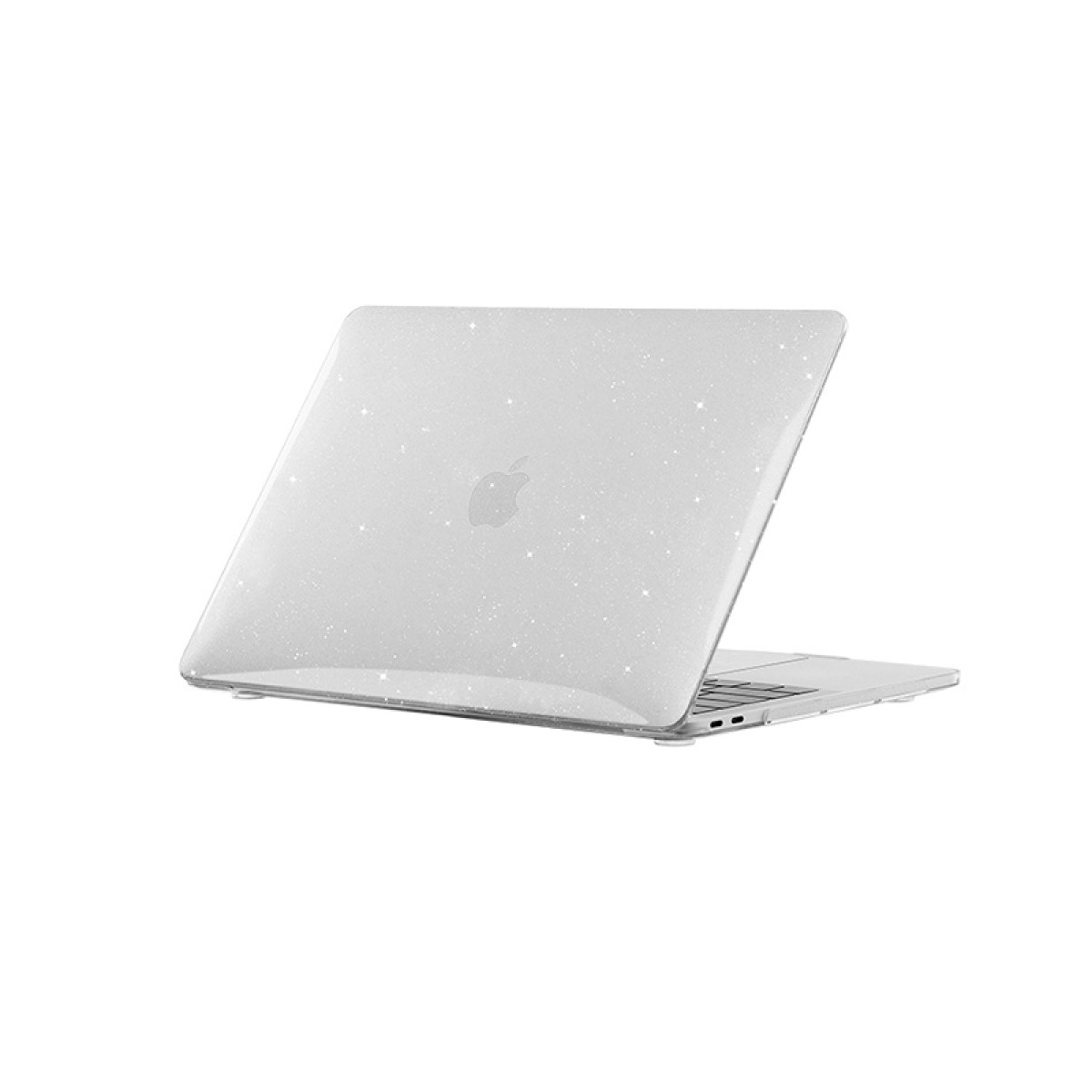 Un laptop bianco con finitura glitterata, leggermente aperto, con il logo Apple.