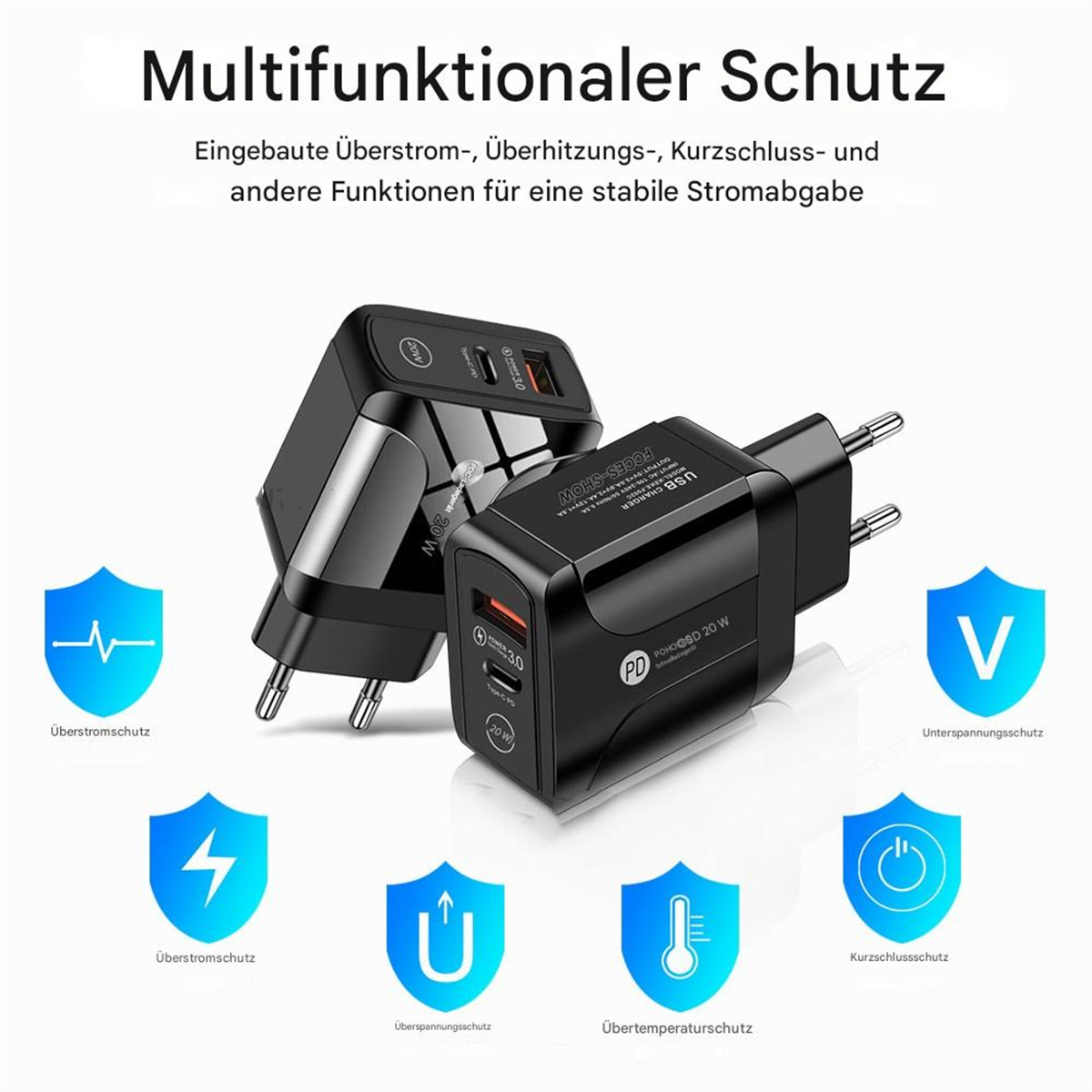 Mehrere USB-Ladegeräte mit verschiedenen Schutzfunktionen und Symbolen.