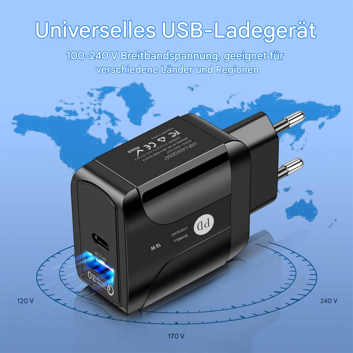 Schwarzes Ladegerät mit blauem Licht und Weltkartenhintergrund, Text: 100-240 V, für verschiedene Länder geeignet.