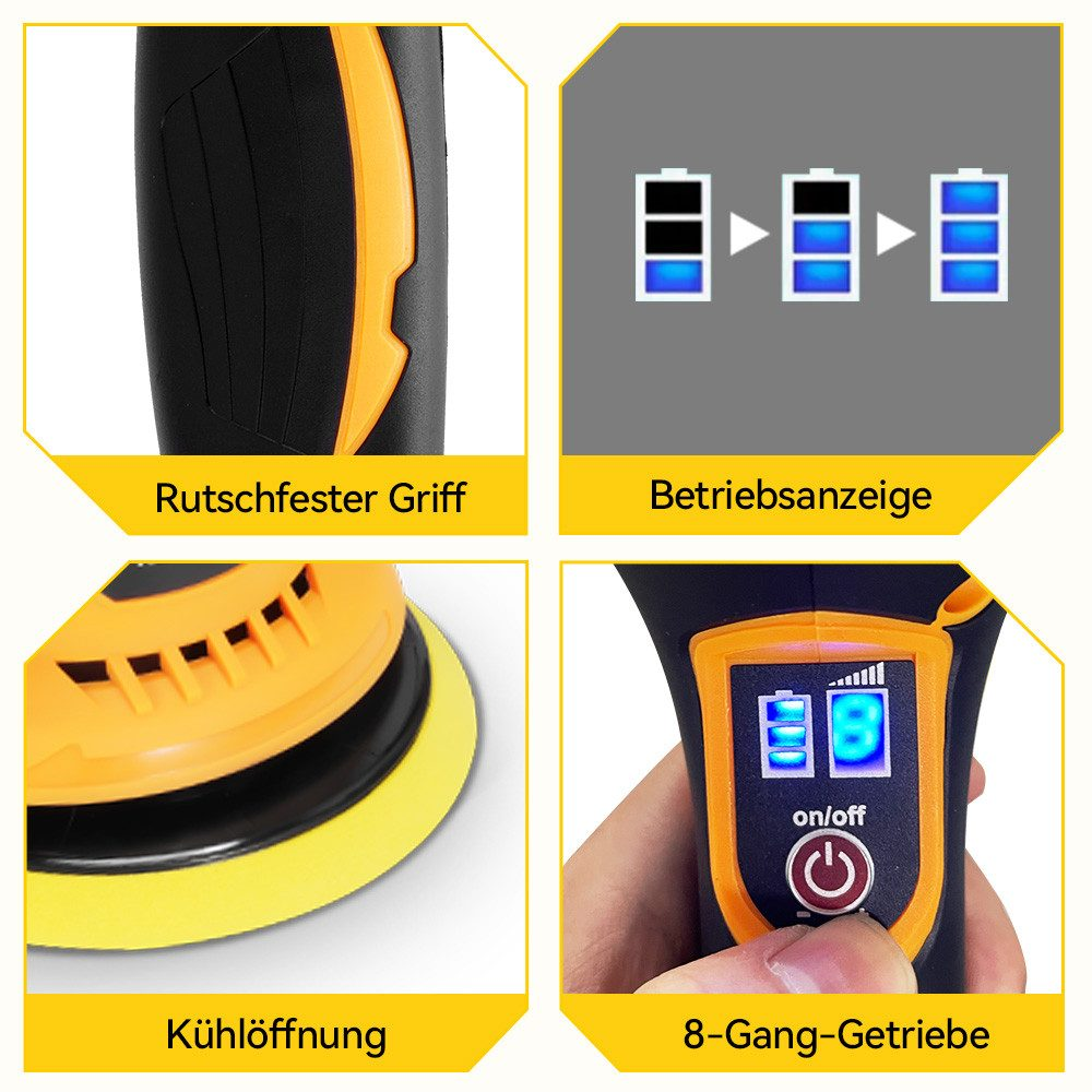 Nahaufnahmen eines elektrischen Polierers, die Griff, Batterieanzeige, Kühlöffnungen und Leistungseinstellungen zeigen.