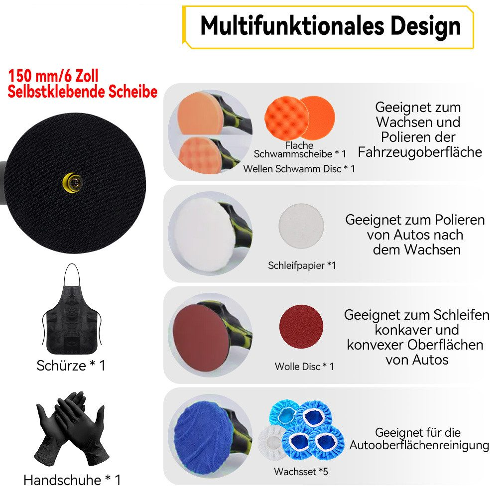 Zubehör zum Autopolieren, darunter Pads, Hauben, Handschuhe und eine Schürze. Eine schwarze Scheibe ist ebenfalls abgebildet.