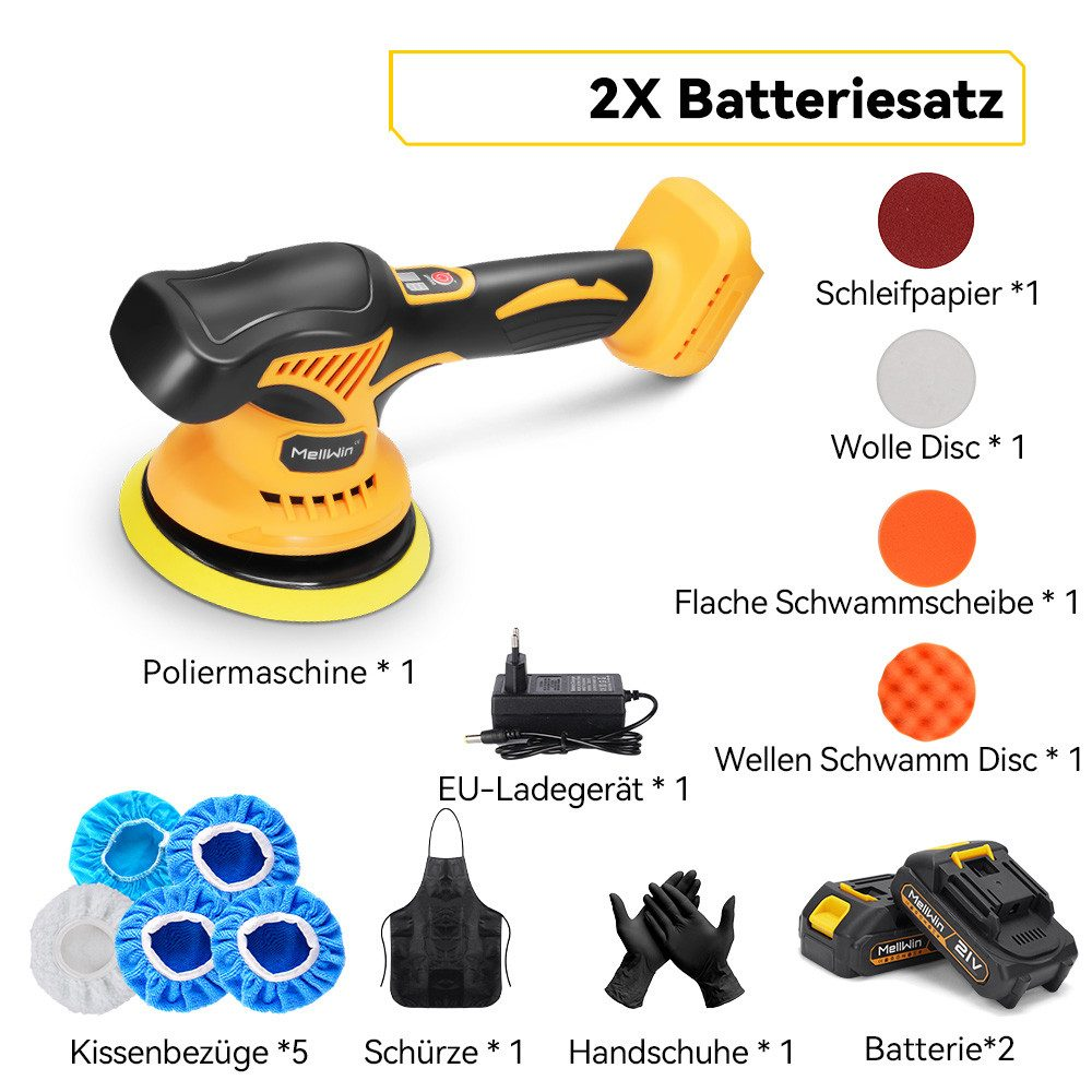 Eine Auswahl an Artikeln, darunter eine Poliermaschine, Batterien, Pads, Handschuhe, ein Ladegerät und eine Schürze.