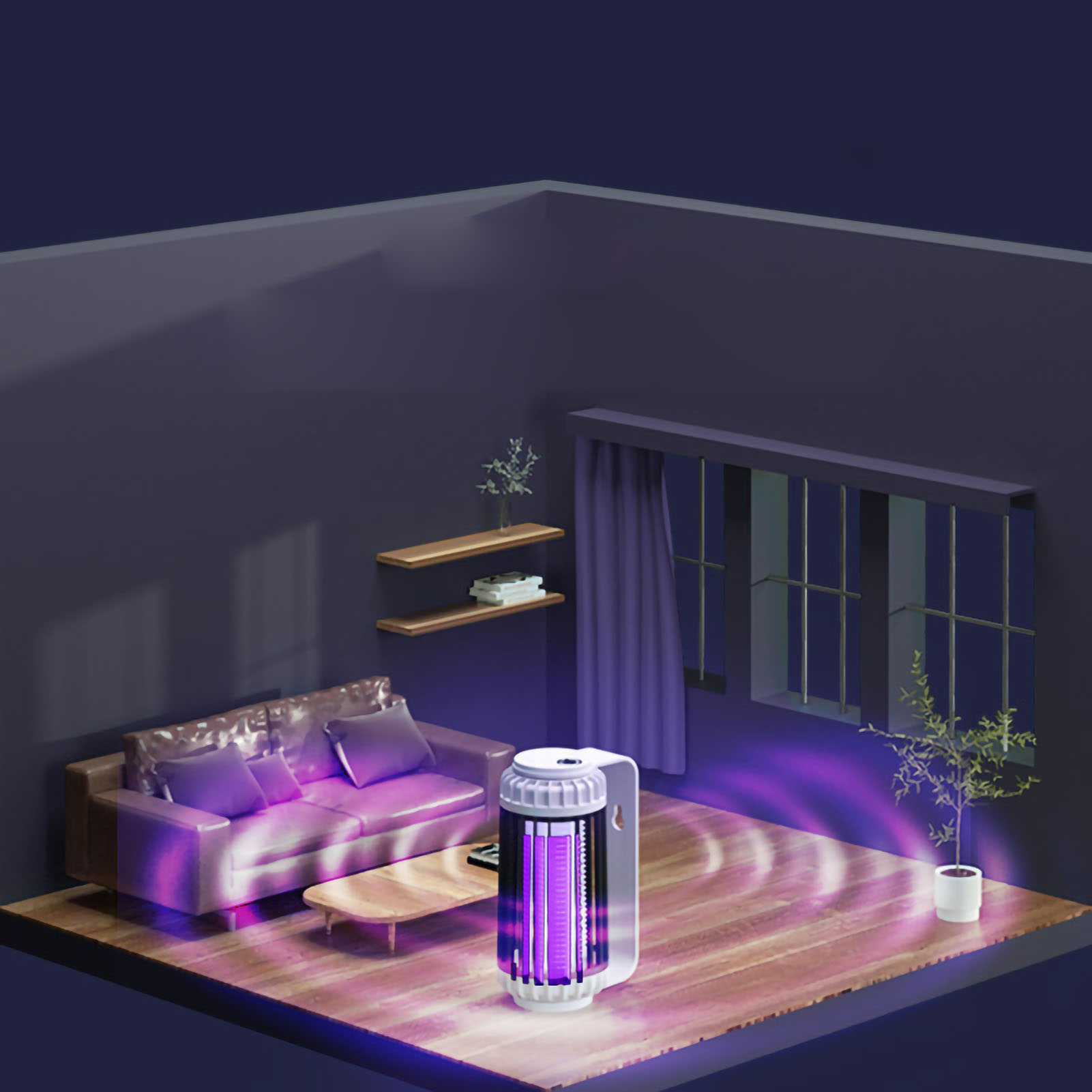 Isometrischer Raum mit Sofa, Tisch und Insektenvernichter, der violettes Licht aussendet, Pflanzen und Fenster.