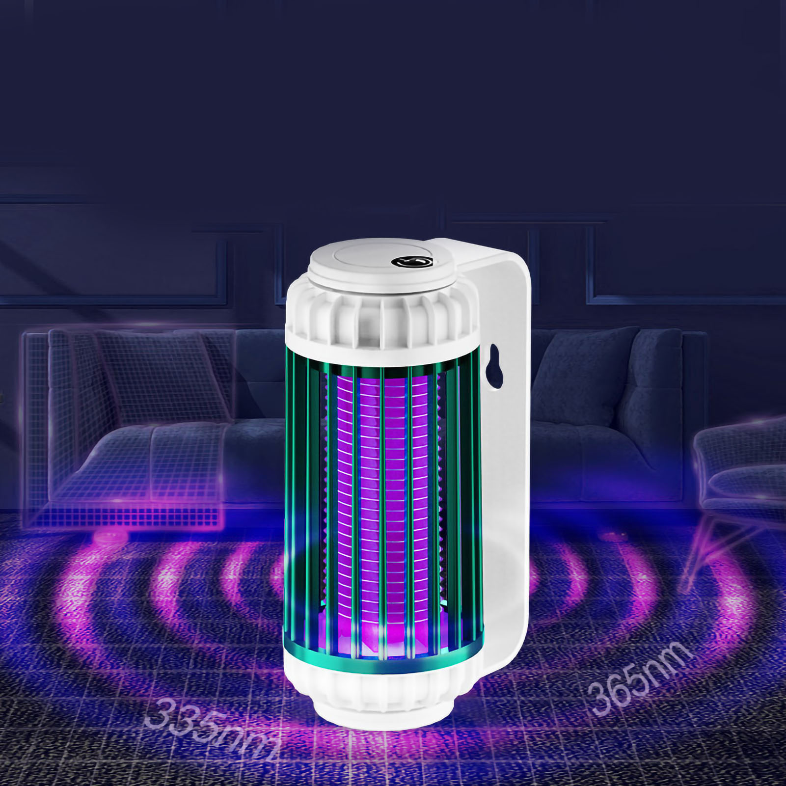 Eine Mückenvernichtungslampe, die violettes Licht aussendet. Sie befindet sich auf einem dunkelblauen Hintergrund mit einem umrissenen Sofa.