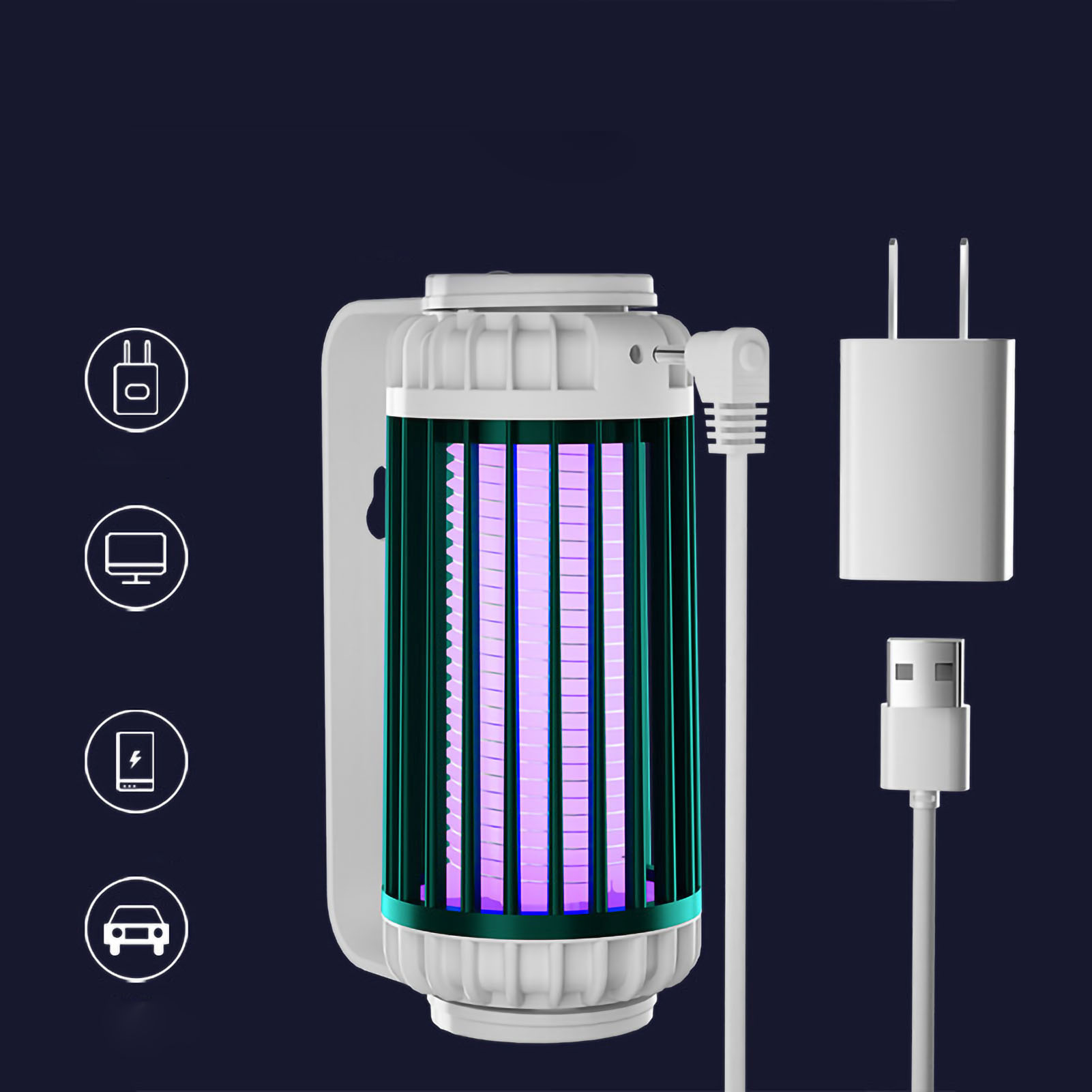 Eine Mückenvernichtungslampe mit violettem Licht, einem Ladegerät und einem Ladekabel. Dunkelblauer Hintergrund.