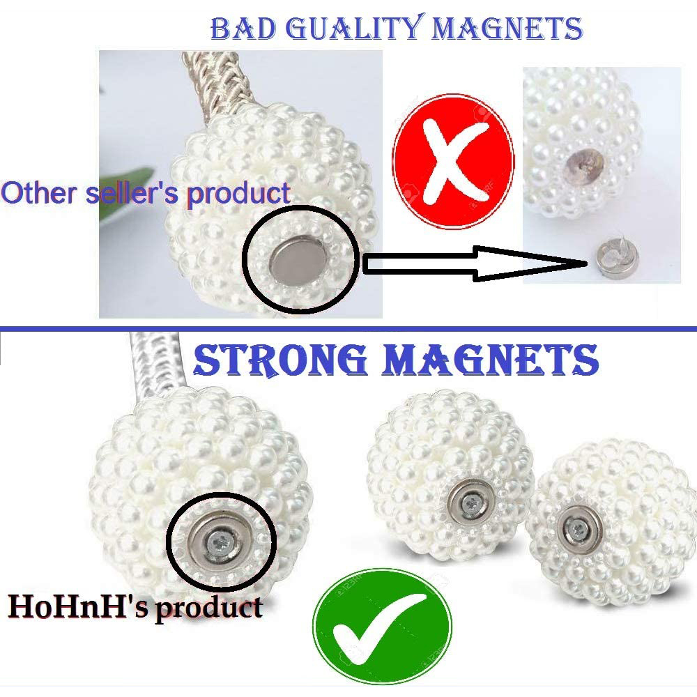 Vergleich von perlenartigen Gardinenhaltern. Einer hat einen Metallmagneten, der andere einen schwachen Magneten.