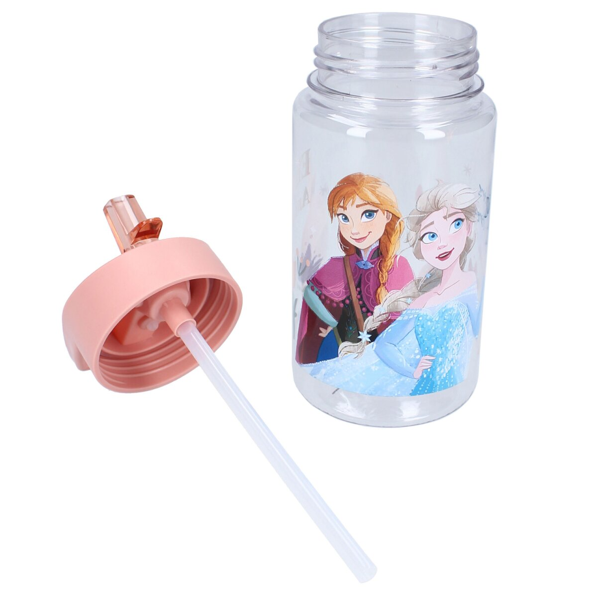 Eine transparente Plastikwasserflasche mit rosa Deckel, Strohhalm und Aufdruck von Frozen-Charakteren.