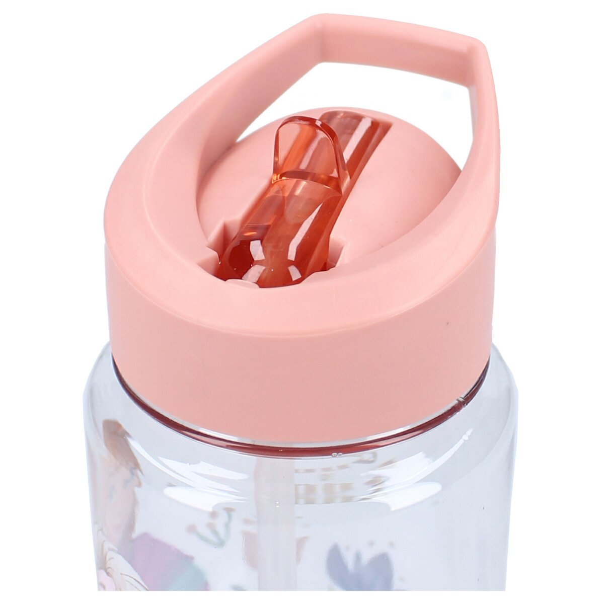 Nahaufnahme eines rosa Flaschendeckels mit Strohhalm. Der Deckel hat einen Griff zum einfachen Tragen.