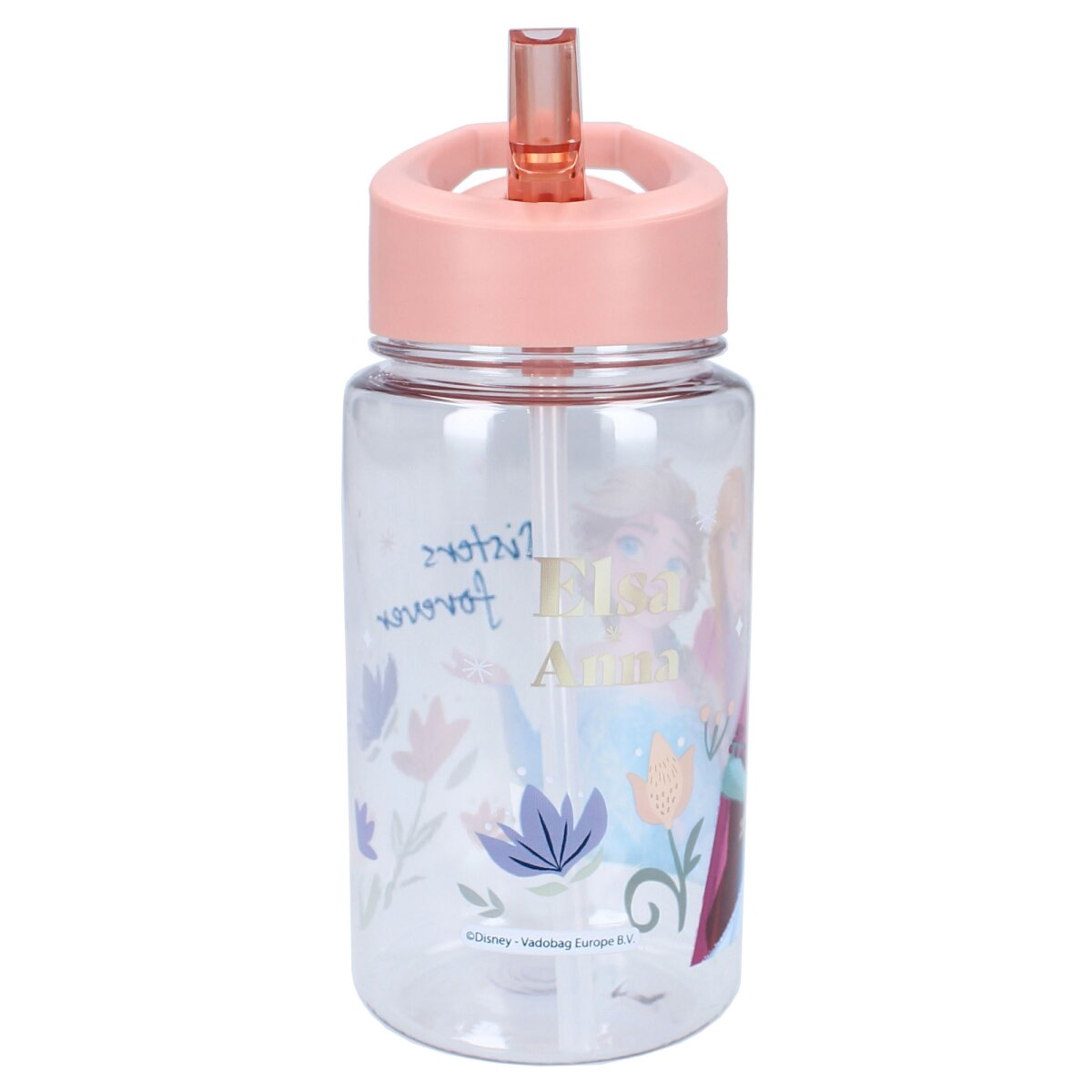 Transparente Plastikwasserflasche mit rosa Deckel und Strohhalm. Mit Bildern von Elsa und Anna aus Frozen.