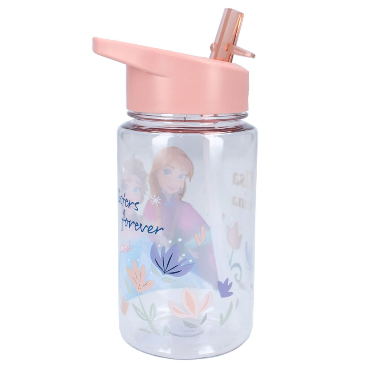 Eine transparente Plastikwasserflasche mit pinkfarbenem Deckel und Strohhalm. Enthält Bilder von Elsa und Anna aus Frozen.