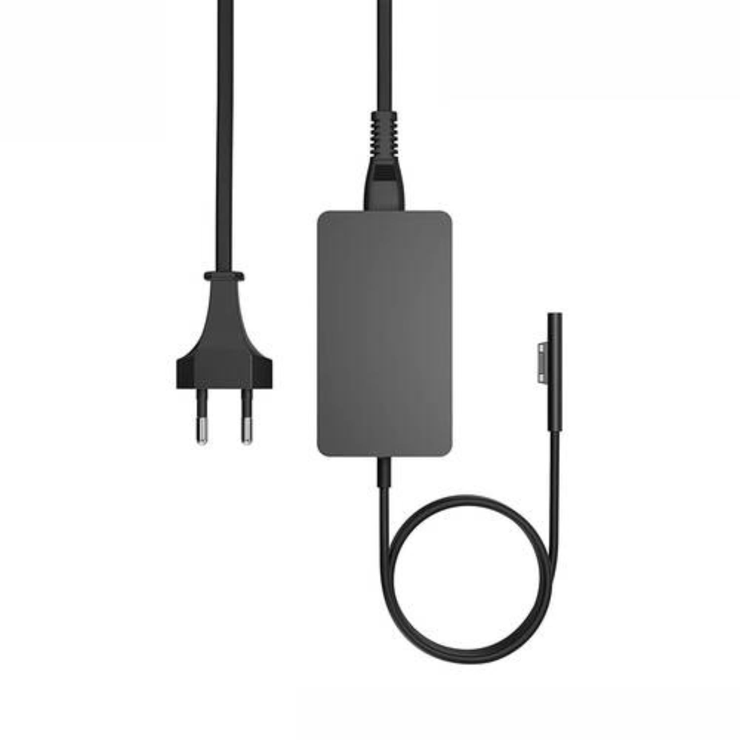 Schwarzer Netzadapter mit Zweipolstecker und Ladekabel. Auf weißem Hintergrund.