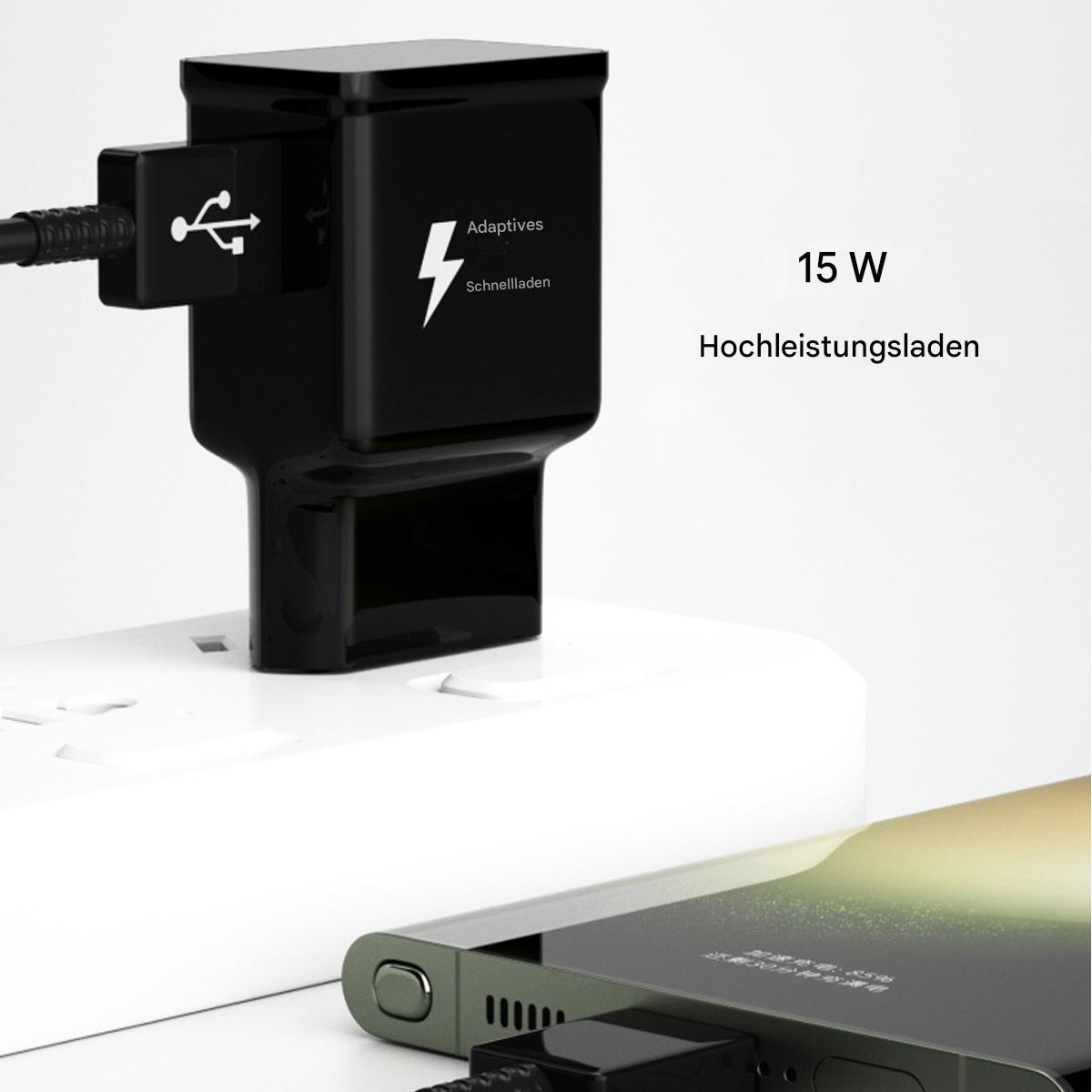 Schwarzer Ladeadapter an Steckdose, neben einem Telefon. Liest: Adaptive Schnellladung.