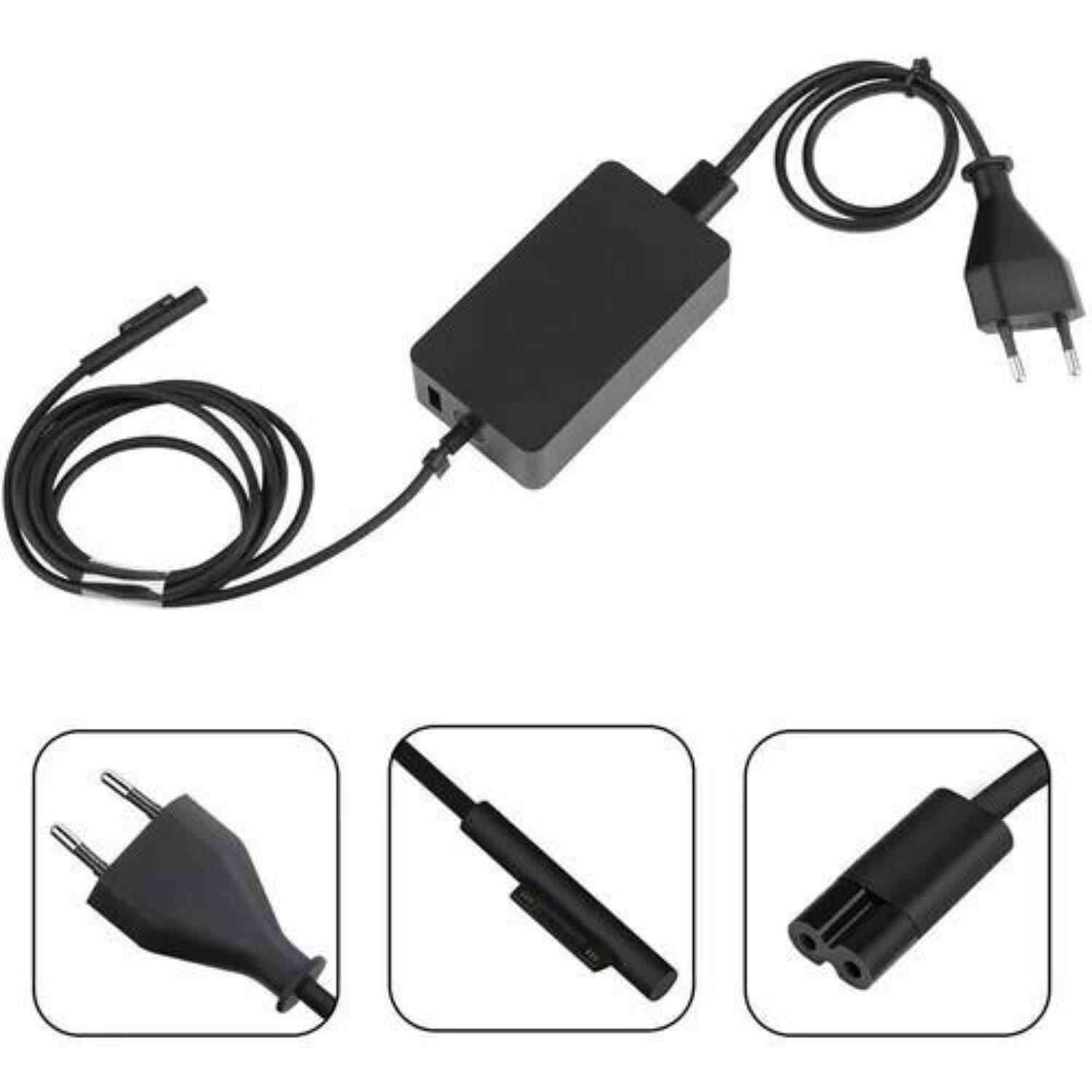 Schwarzes Laptop-Ladegerät mit Kabel, Netzteil und Stecker. Drei Nahaufnahmen sind enthalten.
