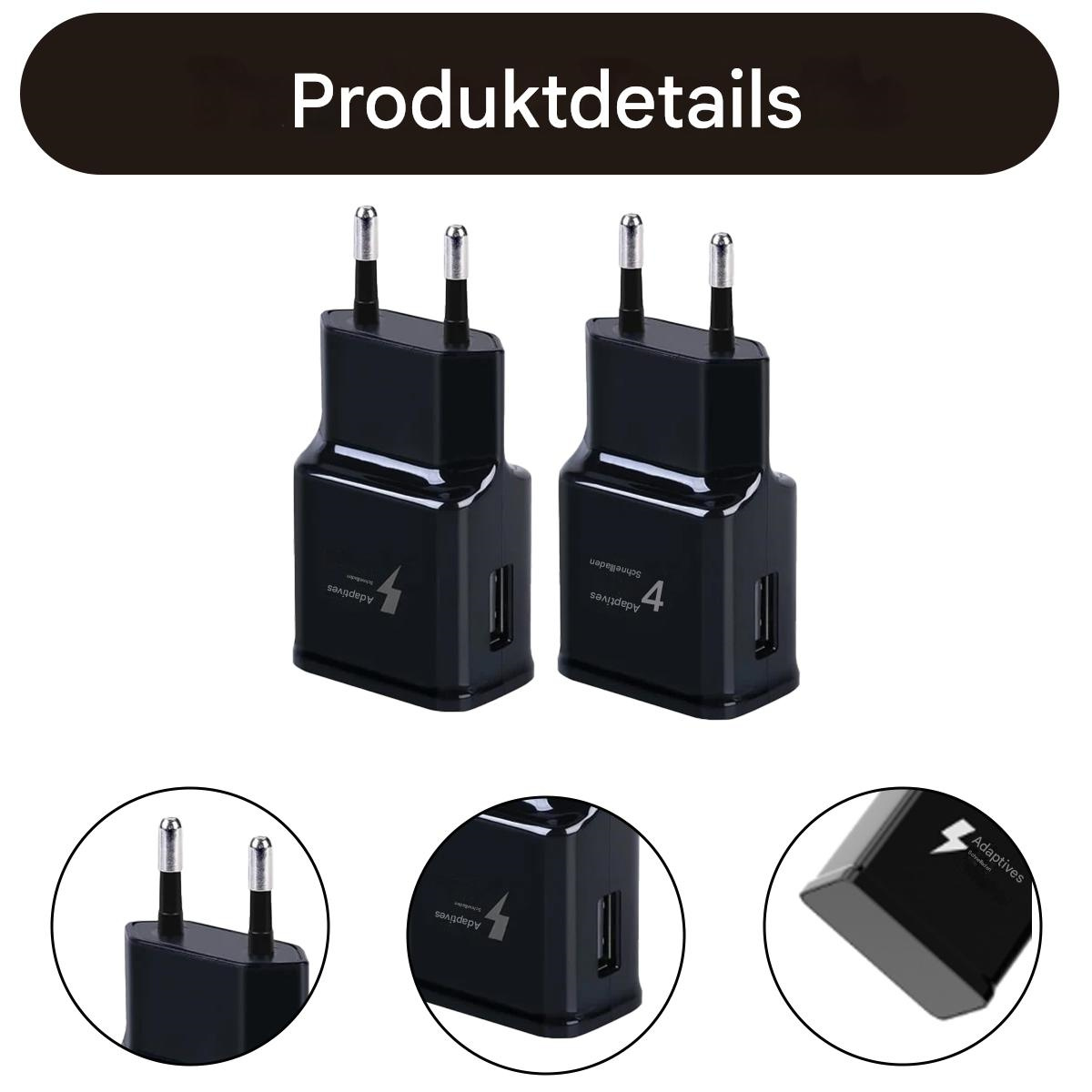 Zwei schwarze Ladeadapter mit USB-Anschlüssen. Merkmale: Adaptive Schnellladung und Zweipolstecker.