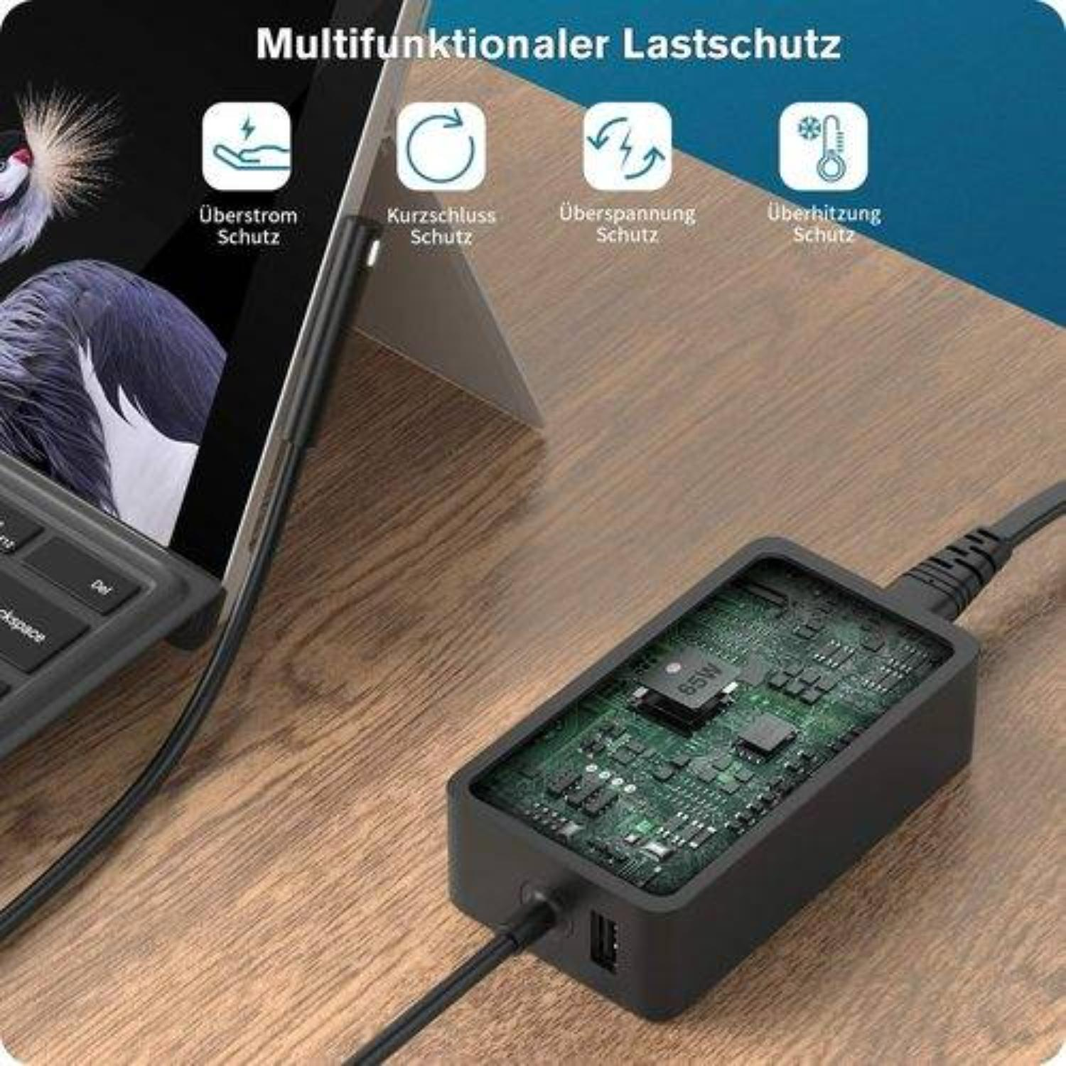 Schwarzes Ladegerät mit grüner Platine. Text auf Deutsch über Schutzfunktionen. Laptop teilweise sichtbar.