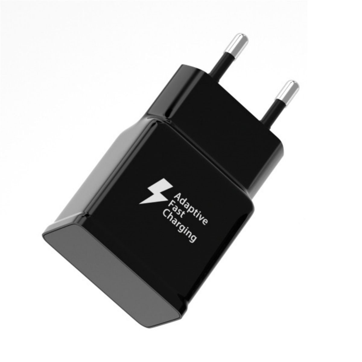 Schwarzes Wandladegerät mit Adaptive Fast Charging und zwei Stiften. Weißes Schnellladesymbol.