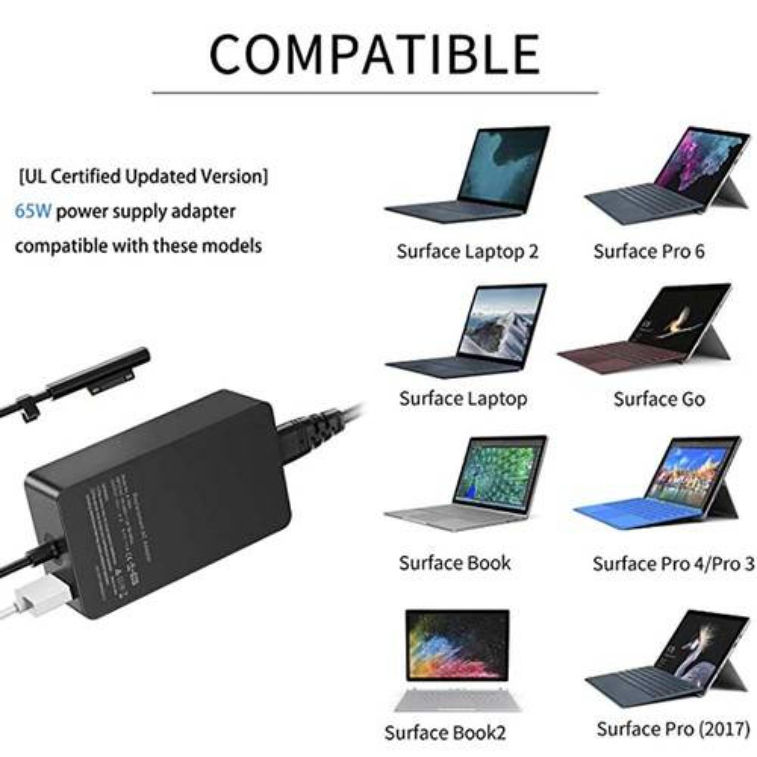 Schwarzes Netzteil mit Kompatibilitätsliste für Surface-Laptops. Enthält Surface Laptop, Pro und Go.