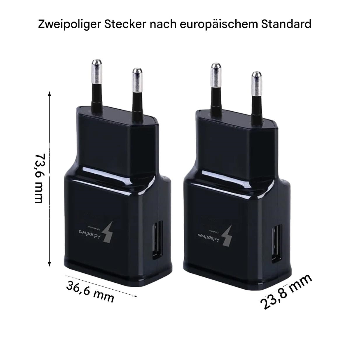 Zwei schwarze Adaptive Fast Charging Wandladegeräte mit Abmessungen. Zwei Stifte und USB-Anschlüsse sichtbar.