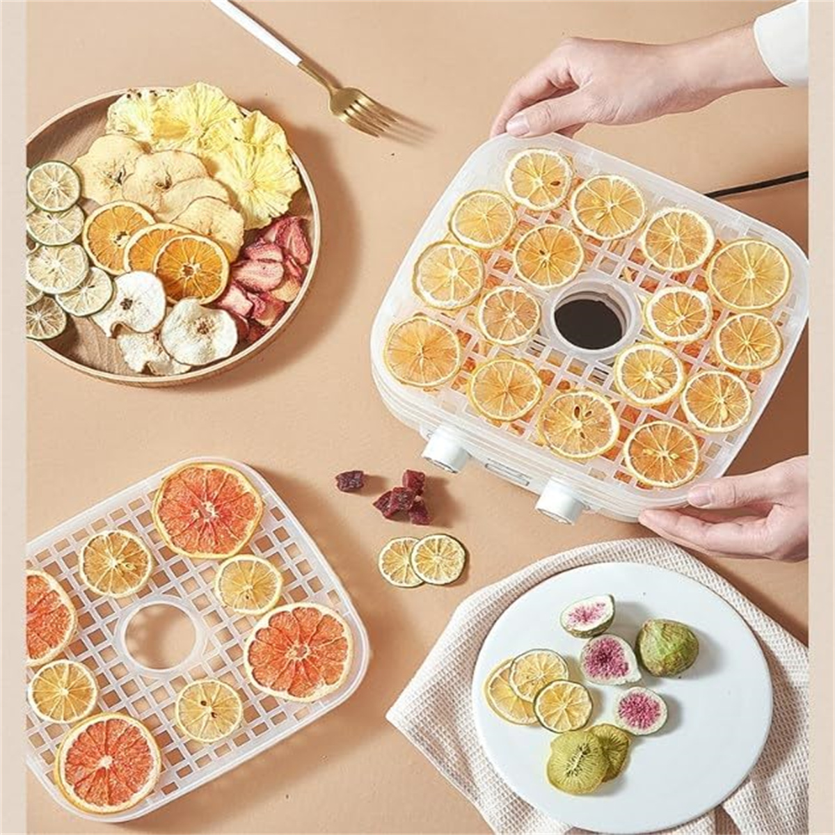 Getrocknete Früchte auf Tabletts und Holzplatte, Hand greift nach Tablett mit Zitronenscheiben.