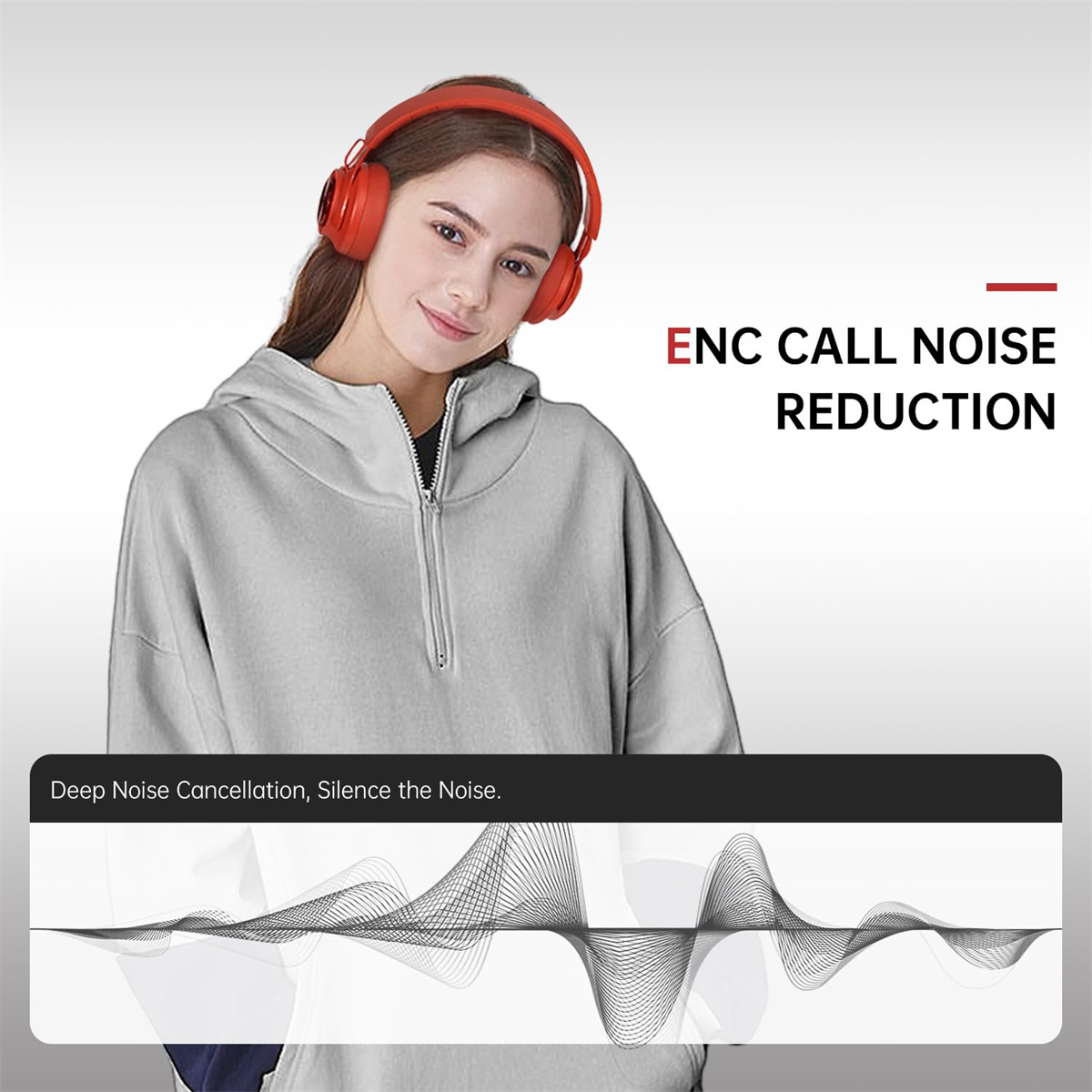 Eine Frau mit roten Kopfhörern lächelt, mit Text: 'ENC CALL NOISE REDUCTION' und einer Grafik zur Geräuschunterdrückung.