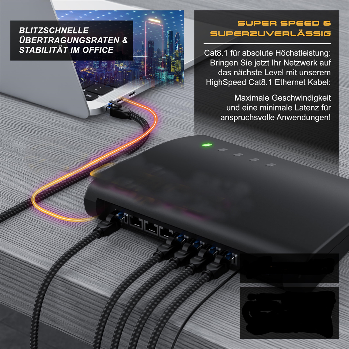 Ein Netzwerk-Switch mit angeschlossenen Kabeln, Text auf der linken und rechten Seite.