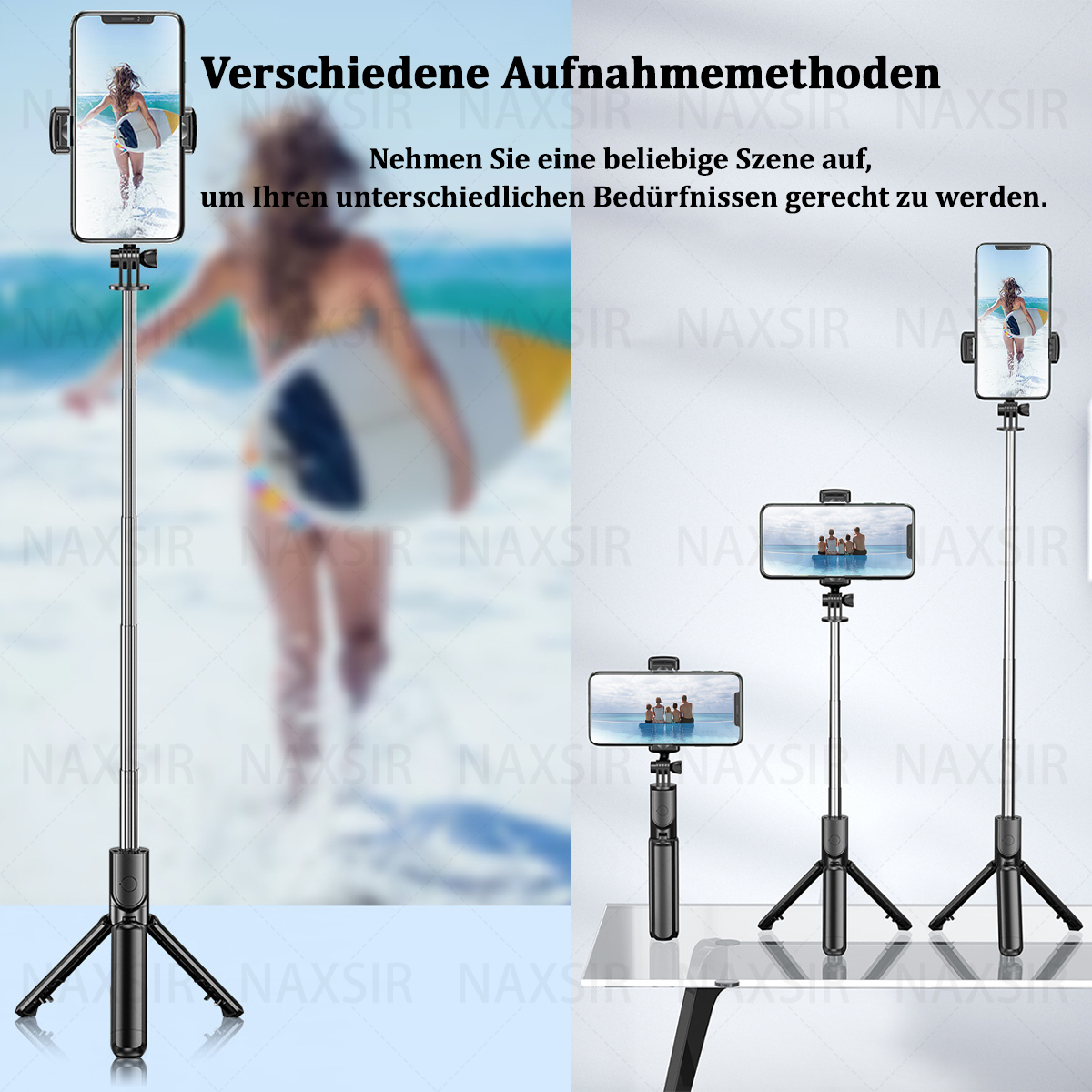Ein Selfie-Stick mit angeschlossenem Telefon und andere Telefon- und Stativ-Setups mit deutschem Text.