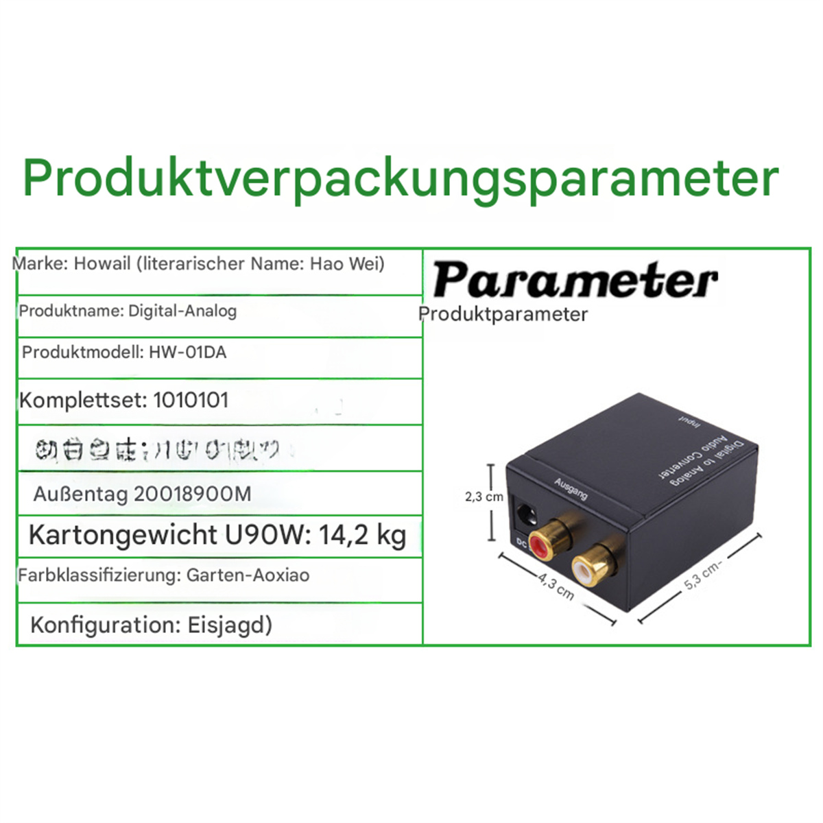 Ein Produktinformationsblatt mit Text und einem schwarzen Digital-Analog-Audio-Konverter und einem weißen Hintergrund.