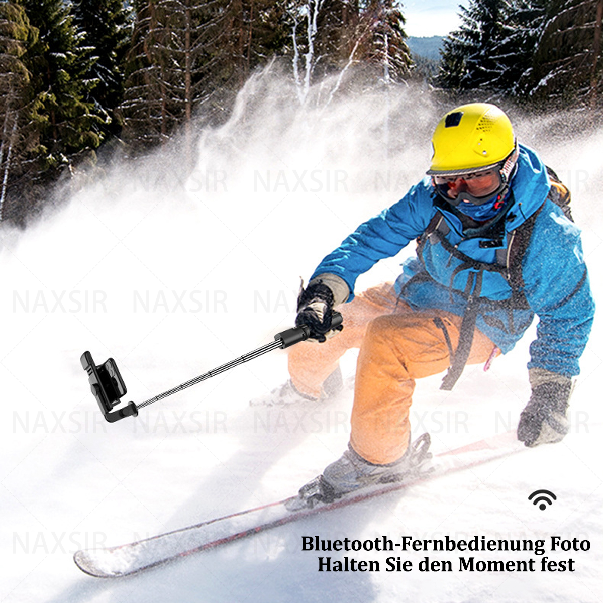 Ein Skifahrer benutzt einen Selfie-Stick auf einer schneebedeckten Piste. Text: 'Bluetooth-Fernbedienung Foto'.