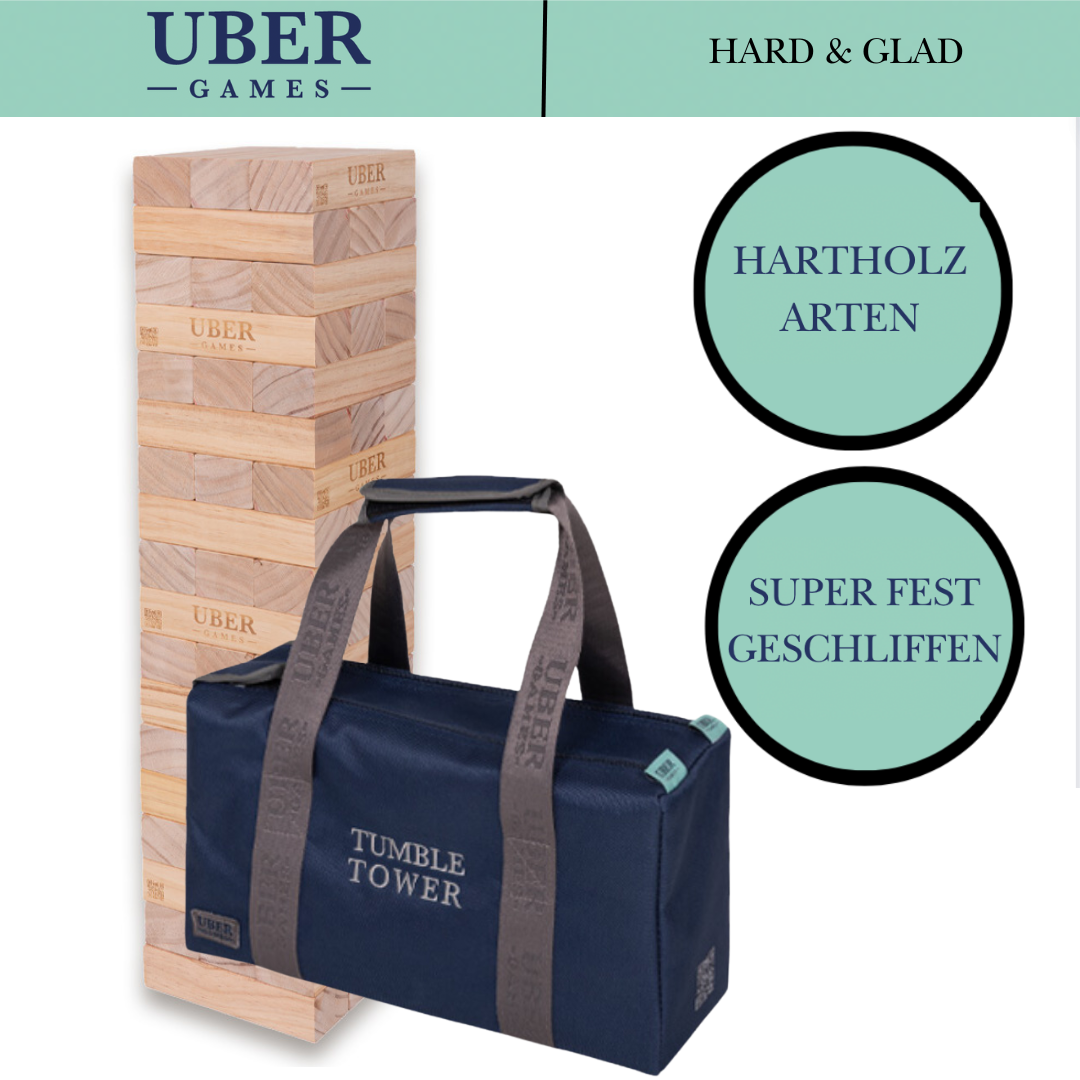 Ein Holzturm, eine blaue Tasche mit der Aufschrift 'TUMBLE TOWER' und Text über die Eigenschaften des Spiels. Weißer Hintergrund.