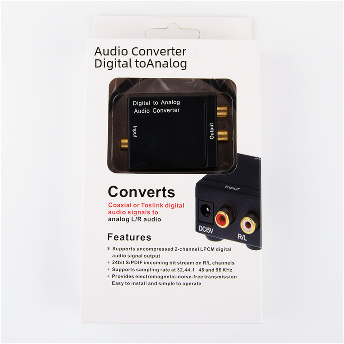 Eine weiße Box mit einem schwarzen Audio-Konverter darin, mit Text und beschriebenen Funktionen. Weißer Hintergrund.