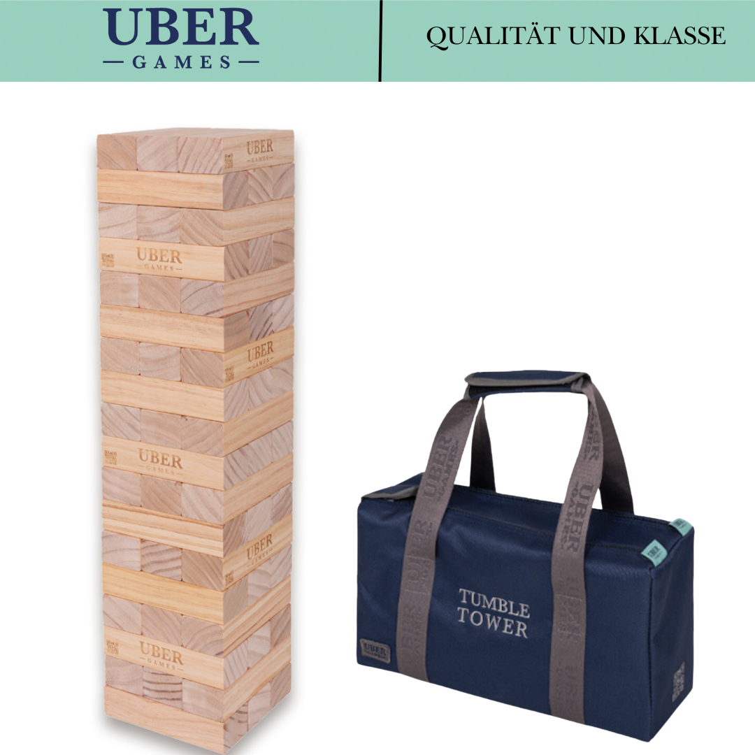 UBER Games Tumble Tower Spiel mit Holzturm und Marineblauer Tasche.