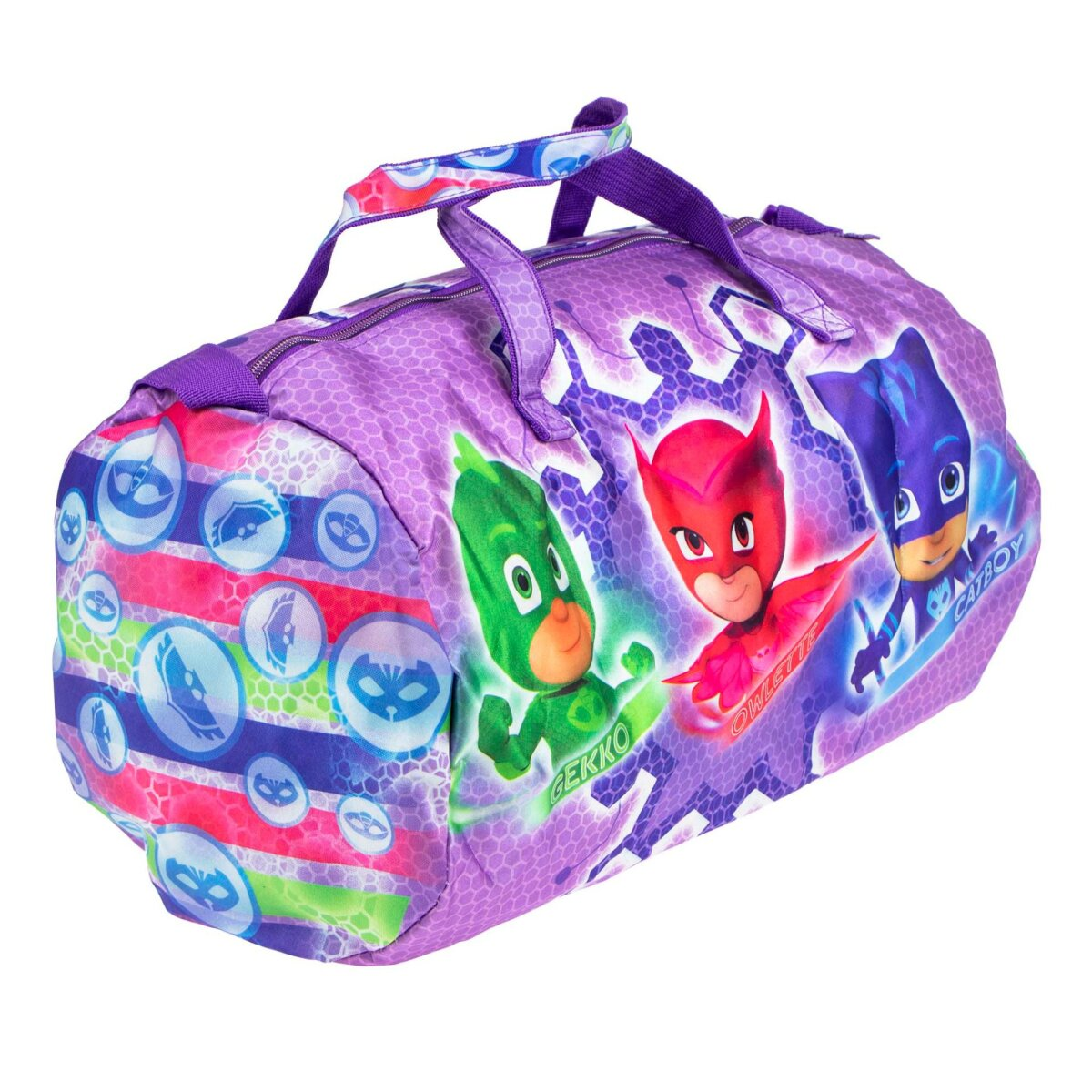 Lila Reisetasche mit den Figuren Gekko, Owlette und Catboy.