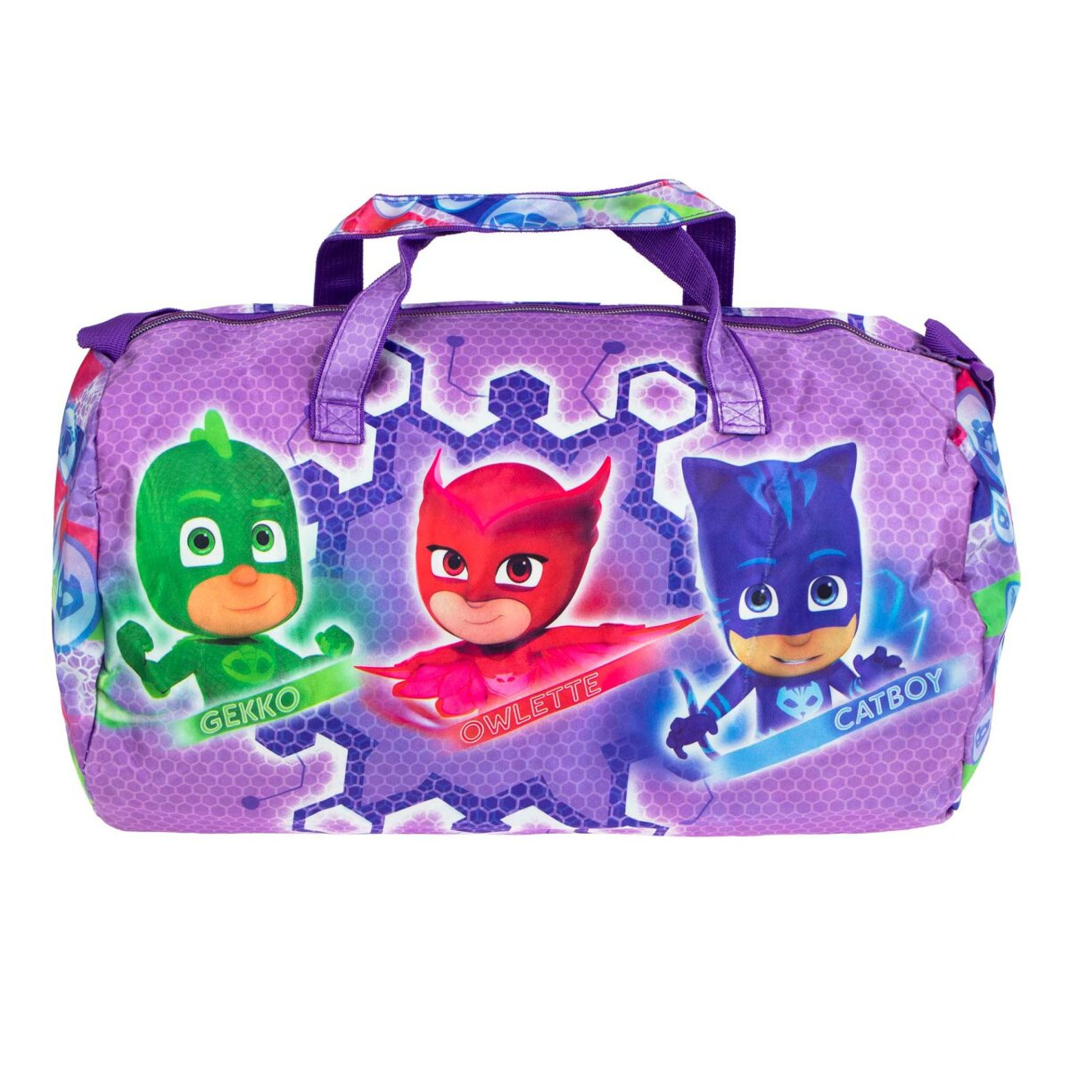 Lila PJ Masks-Tasche mit Cartoon-Charakteren: Gekko, Owlette und Catboy. Griffe oben.
