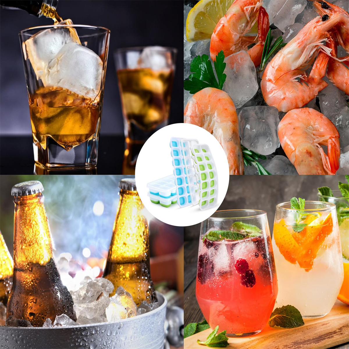 Verschiedene Cocktails und Getränke mit Eiswürfeln und Garnierungen.