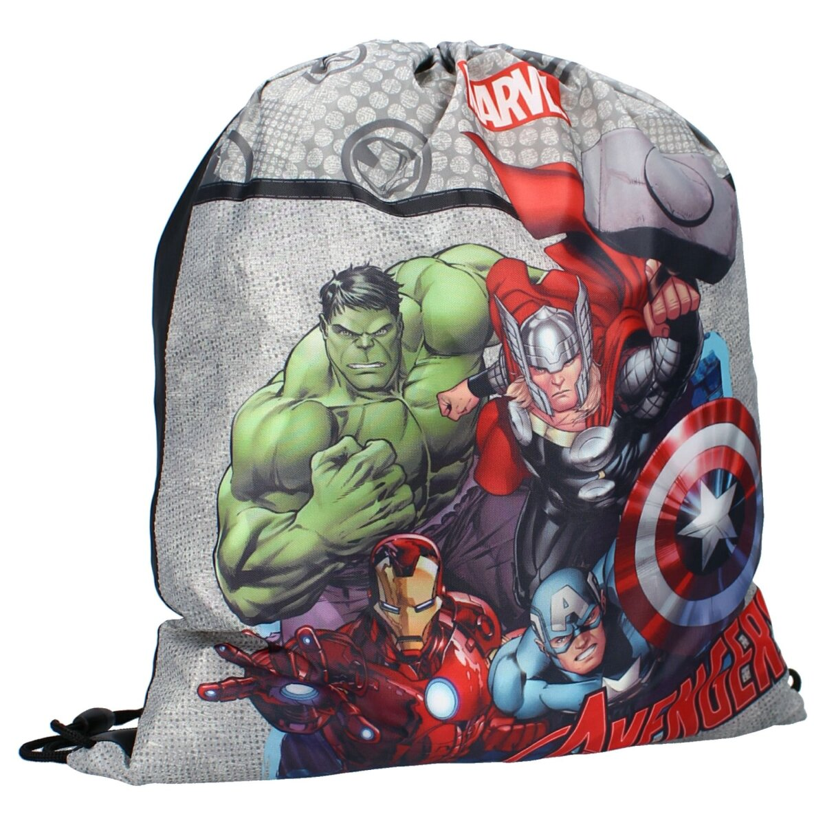 Graue Marvel Avengers-Kordelzugtasche mit Hulk, Thor, Iron Man, Captain America und Hawkeye.