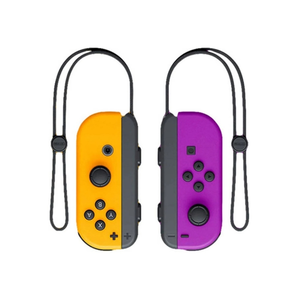 Zwei Nintendo Switch Joy-Con-Controller: orange und lila, mit schwarzen Handgelenkschlaufen.