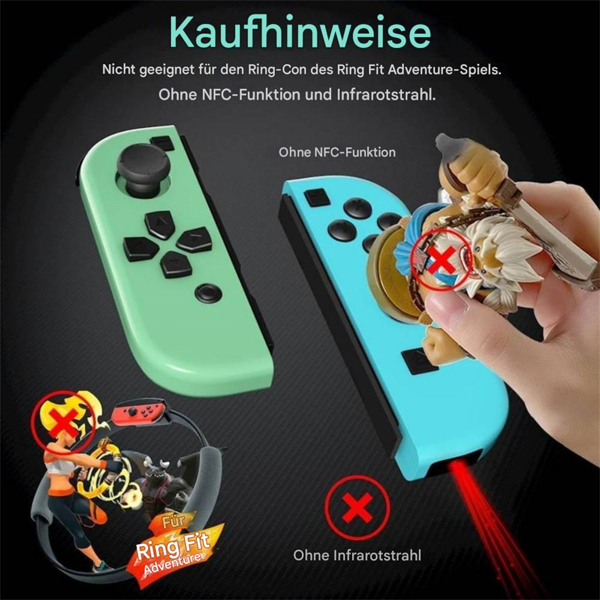 Grüne und blaue Joy-Con Controller. Text weist darauf hin, dass sie nicht für Ring Fit geeignet sind.