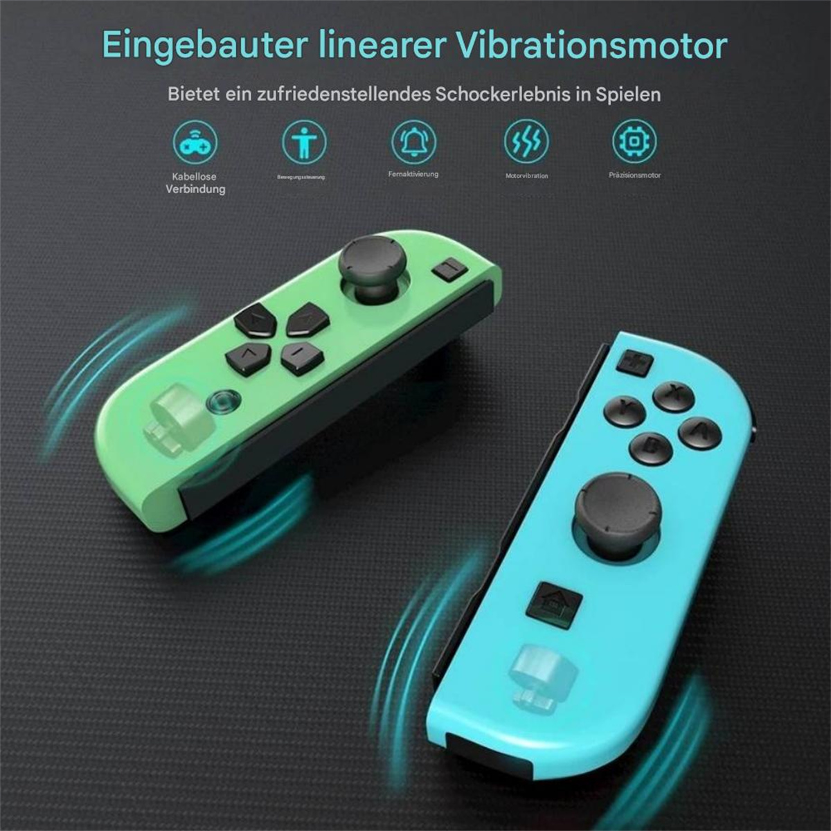 Zwei Gamecontroller, grün und blau, mit Knöpfen. Ein dunkler Hintergrund ist dahinter.