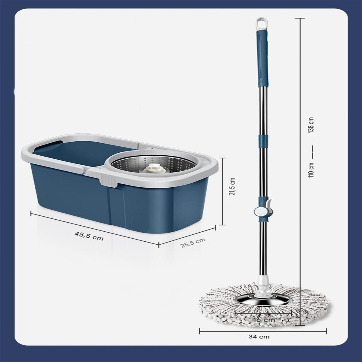 Blauer Moppeimer und Mopp, Maße: 45,5 cm, 25,5 cm, 16 cm, 34 cm und 138 cm.