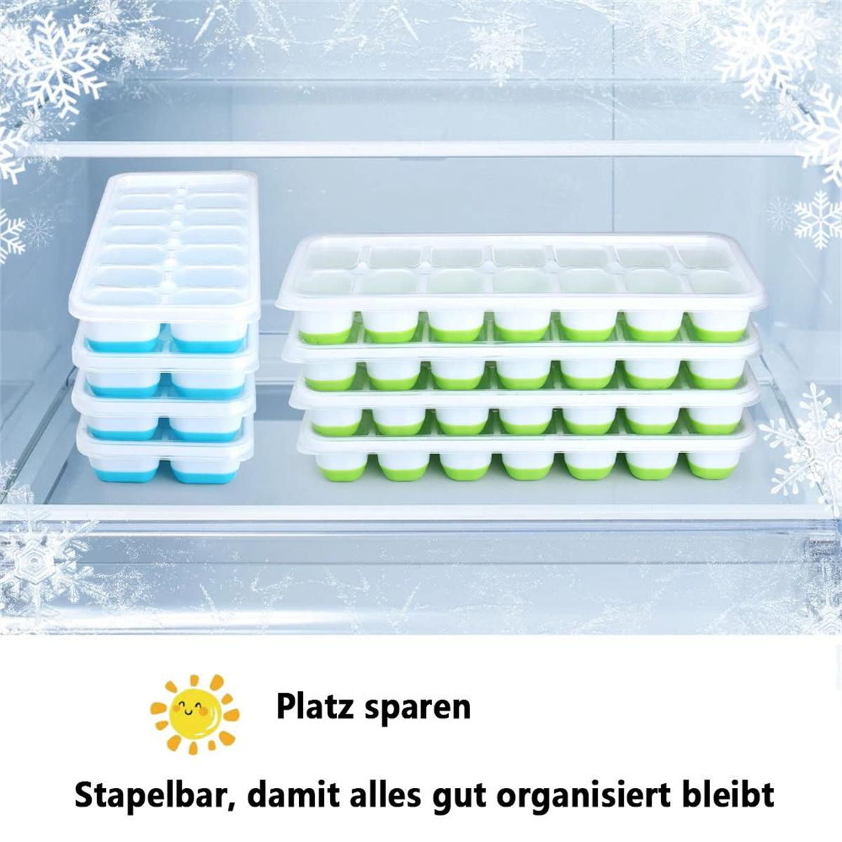 Eiswürfelschalen, im Kühlschrank gestapelt. Blaue und grüne Schalen.