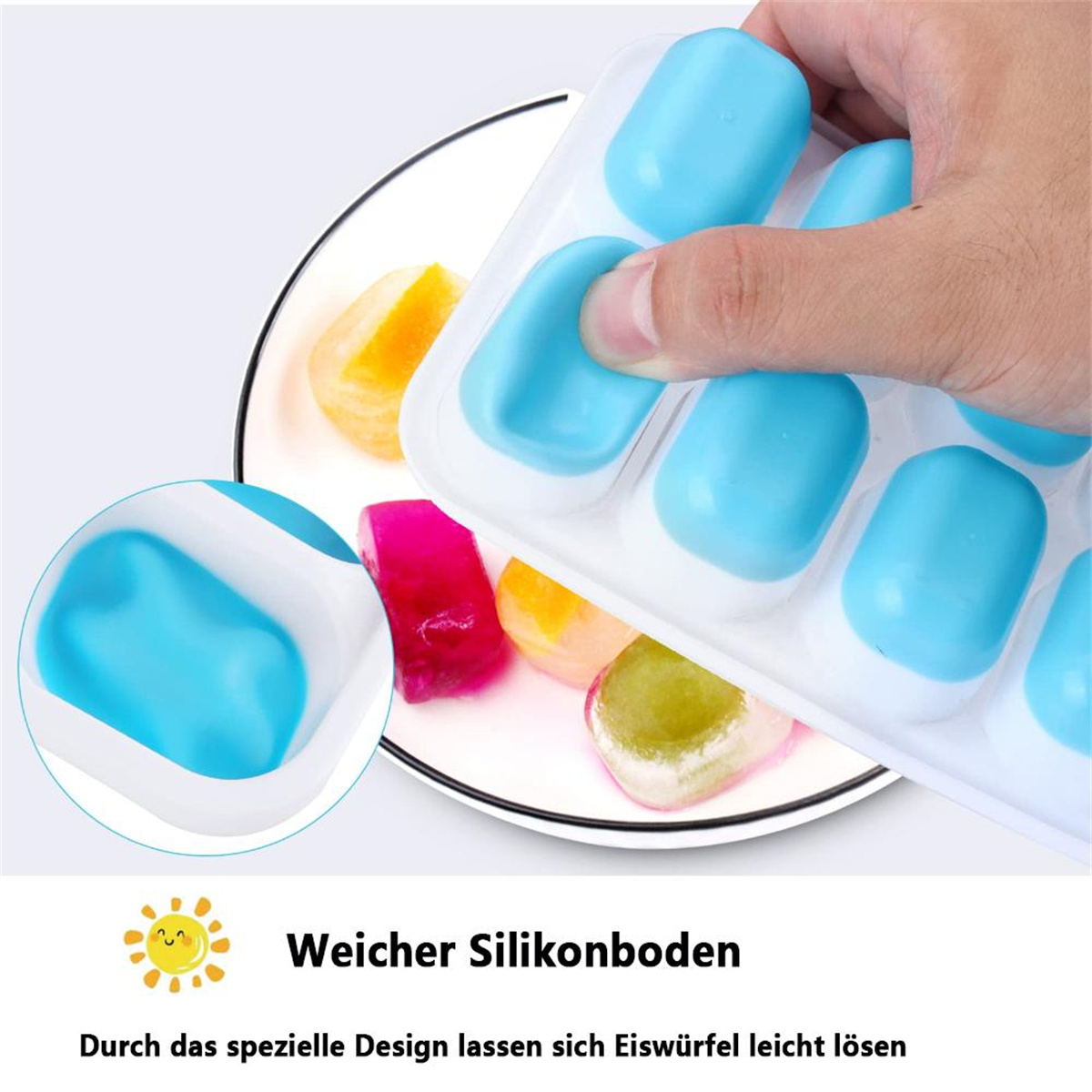 Ein blauer Eiswürfelbehälter mit blauen Eiswürfeln. Eine Hand entfernt einen Eiswürfel aus dem Behälter.