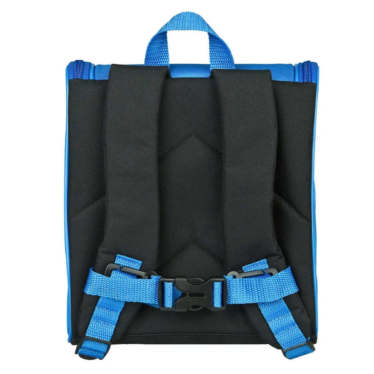 Achterkant van een blauwe Super Mario lunchtas. Het heeft twee zwarte banden en blauwe gespen.