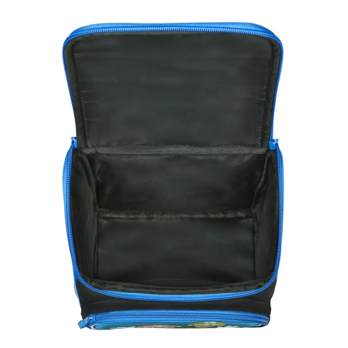 Blauwe lunchtas, leeg en open. Zwart interieur, blauwe rand en rits.