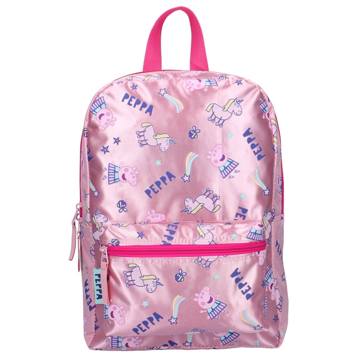 Ein pinkfarbener Peppa Wutz Rucksack mit Peppa und Einhorn Designs. Er hat einen Griff und einen Reißverschluss.