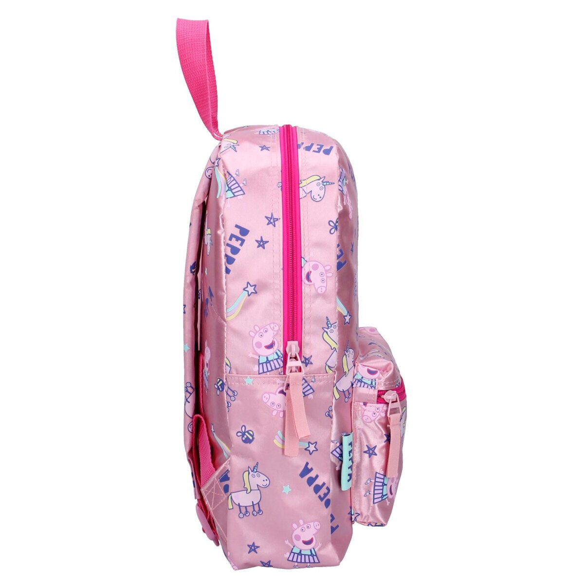 Rosa Peppa Wutz Rucksack Seitenansicht. Rosa Reißverschluss, Griff und Peppa Wutz Muster.