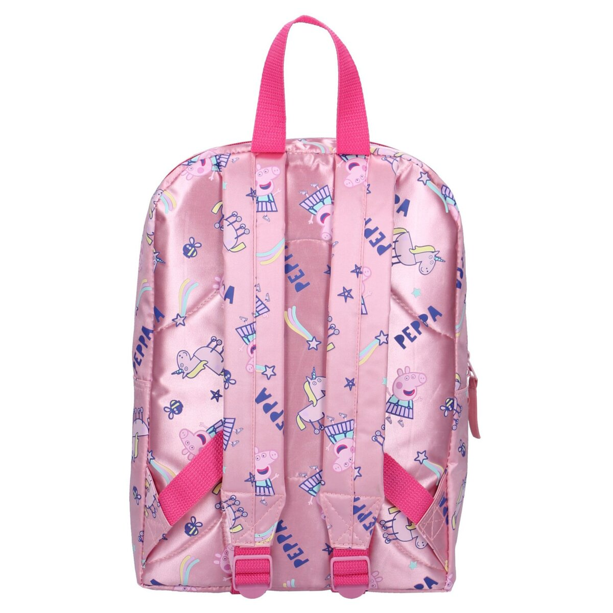 Rosa Peppa Wutz Rucksack Rückansicht. Rosa Träger, Peppa Wutz und Einhorn Muster, rosa Reißverschluss.