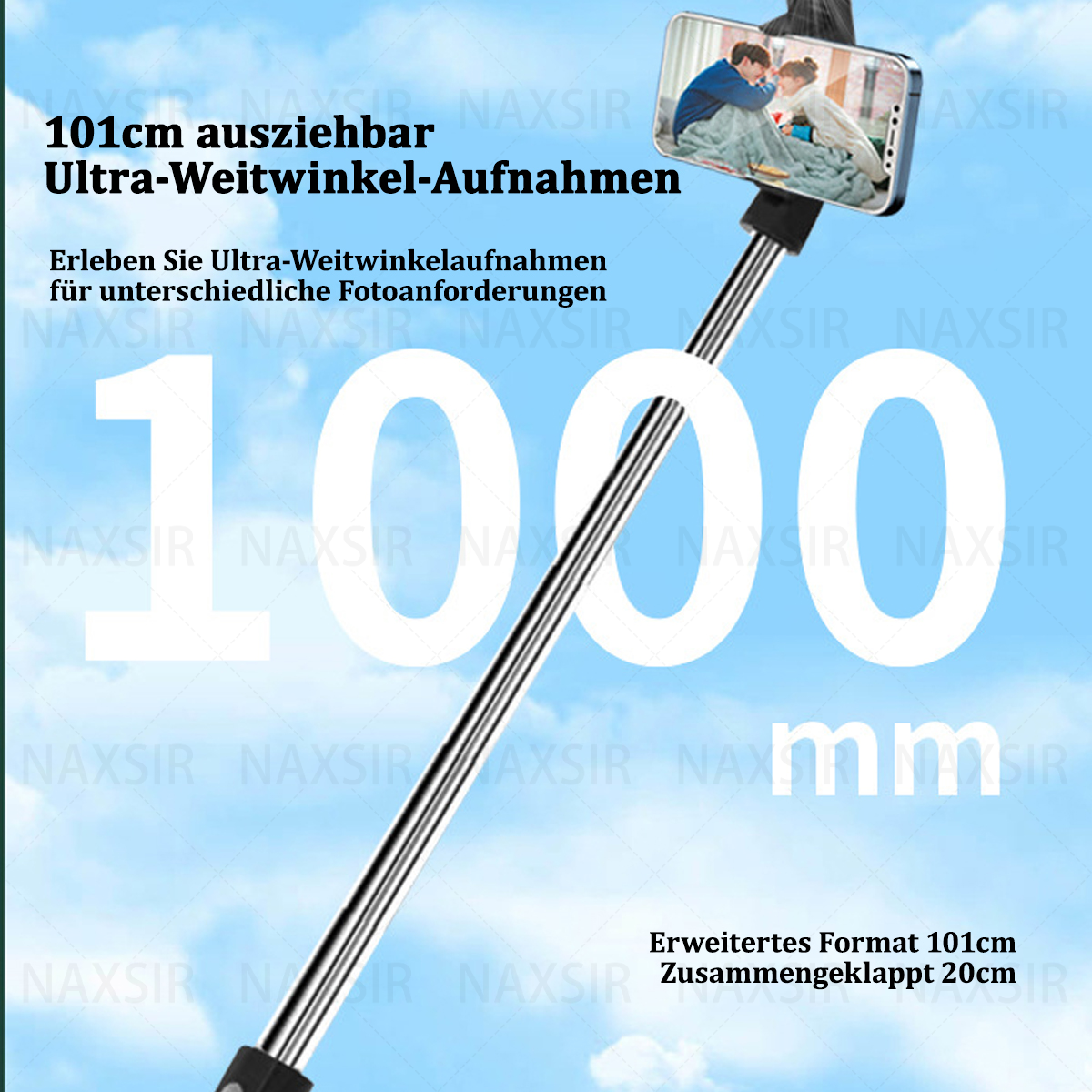 Ein Selfie-Stick ist ausgefahren und hält ein Telefon mit einem Paar auf dem Bildschirm, Text sagt 1000mm.