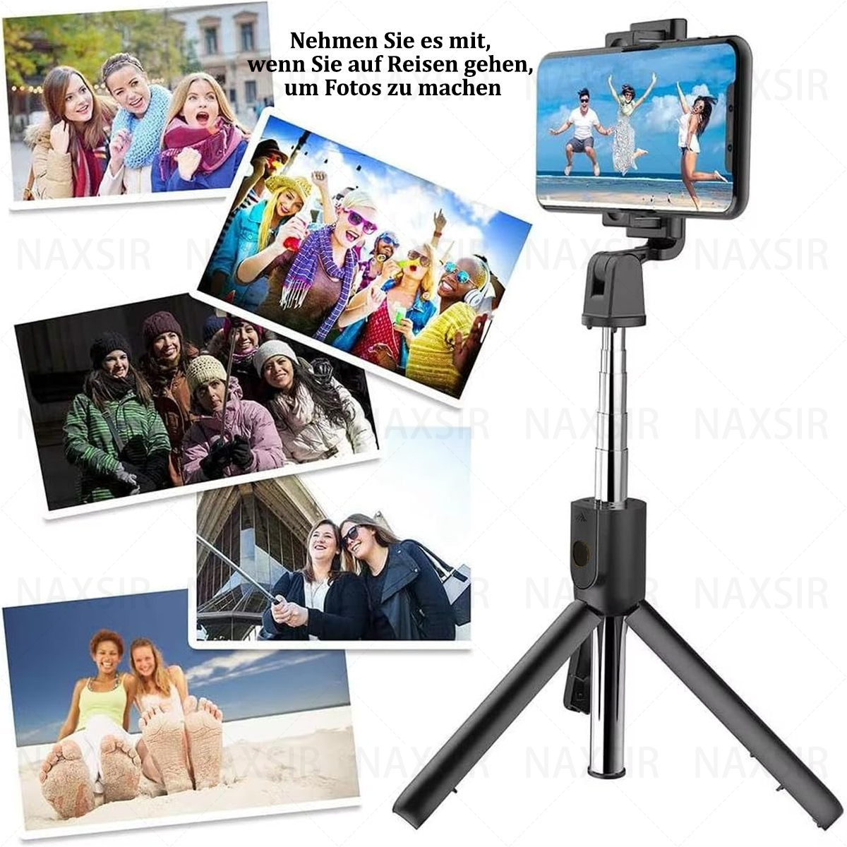 Ein Selfie-Stick mit einem Telefon mit Fotos von Menschen und zusätzlichen Fotos von Menschen.