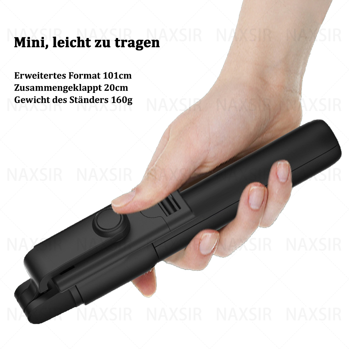 Ein schwarzer Selfie-Stick, geschlossen, von einer Hand gehalten. Text sagt: mini, leicht zu tragen, 101cm ausgefahren.